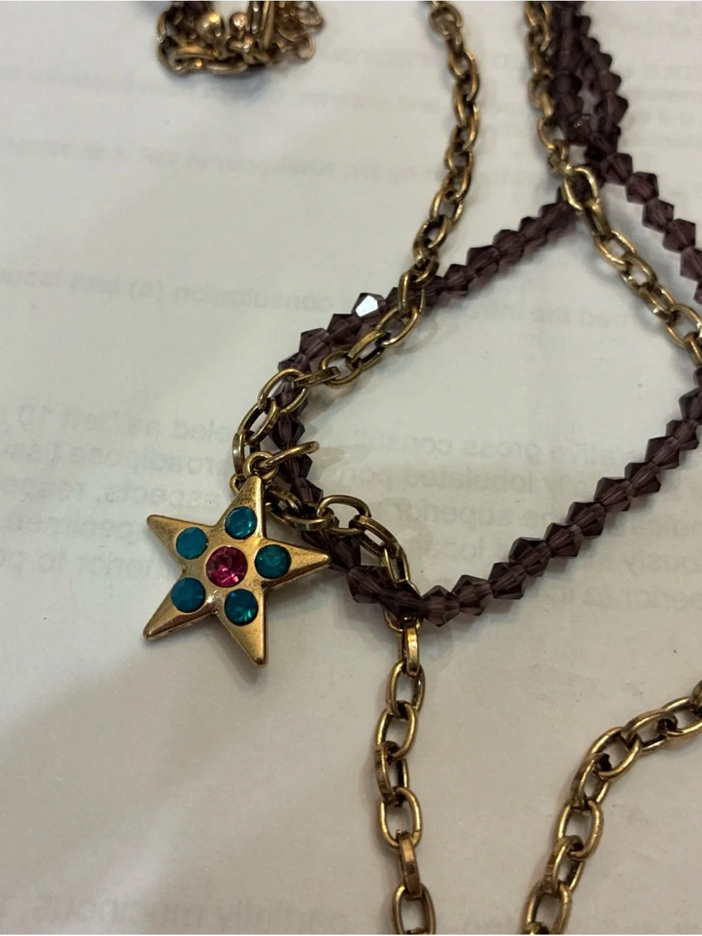 Boho Celestial Moon & Stars Layered Necklace Purple Raw Stone Gold Tone Pendant